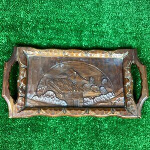 Vintage Mexican Hand Carved Wood Tray with Glass & Handles